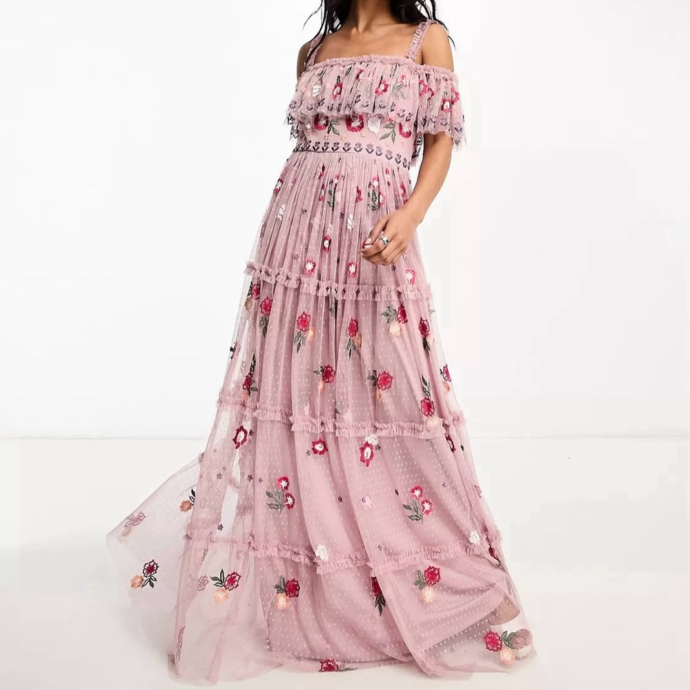 NWT Maya Deluxe Floral Embroidered Off Shoulder Ruffle Maxi Gown Dress Pink 2